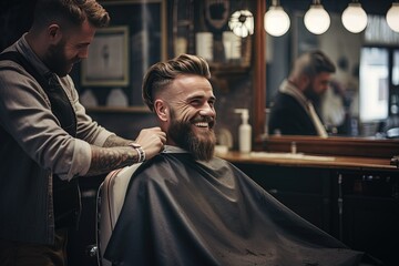 hairdresser with male customer looks happy at salon	
 - Powered by Adobe