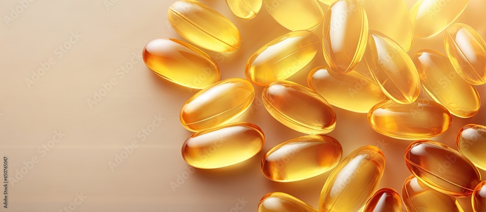 Aufkleber stack of omega 3 capsules in pile background close up of large golden pills texture daily health sup