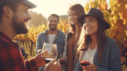 Friends toasting wine in a vineyard at daytime outdoors. Happy friends having fun outdoor. Young people enjoying harvest time together outside at farm house vineyard countryside. Autumn season. - obrazy, fototapety, plakaty