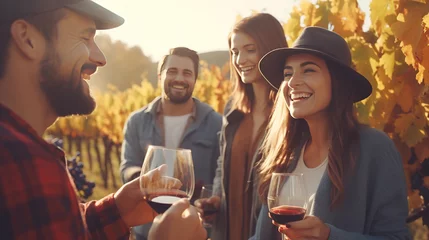 Foto op Canvas Friends toasting wine in a vineyard at daytime outdoors. Happy friends having fun outdoor. Young people enjoying harvest time together outside at farm house vineyard countryside. Autumn season. © Santy Hong
