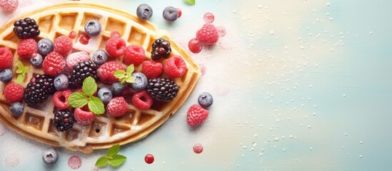 Waffle plate adorned with berries isolated pastel background Copy space - Powered by Adobe