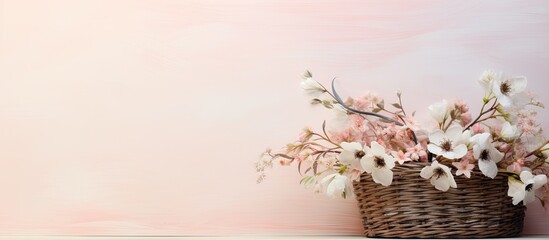 White willow basket adorned with flowers isolated with tape isolated pastel background Copy space