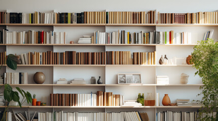 Bookshelves: Along the adjacent wall, there are white bookshelves with open shelving displaying an array of books, plants, and decorative objects - Powered by Adobe