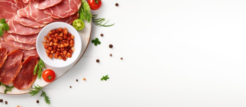 Fresh cucumber slices with cured meat and bacon on a white plate Closeup top view isolated pastel background Copy space