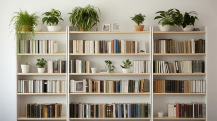 Deurstickers Bookshelves: Along the adjacent wall, there are white bookshelves with open shelving displaying an array of books, plants, and decorative objects © Textures & Patterns