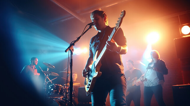 Music Band Group Perform On A Concert Stage. Guitarist On Stage For Background, Soft And Blur Concept. Music Band Performing In A Recording Studio.