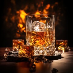 Faceted crystal glass of whiskey with ice and a crystal bottle on a black background.