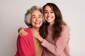 light smile elder parent mom with young adult daughter in studio on plain background
