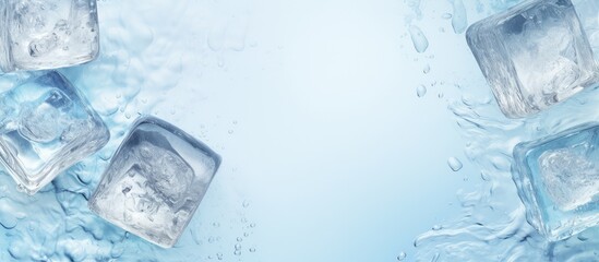 Glass containing ice cubes in water against isolated pastel background Copy space