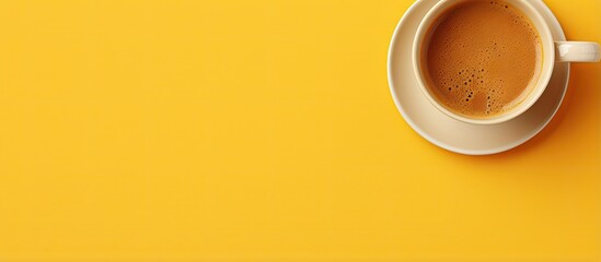 copy space image of showcasing a solitary yellow coffee cup - obrazy, fototapety, plakaty