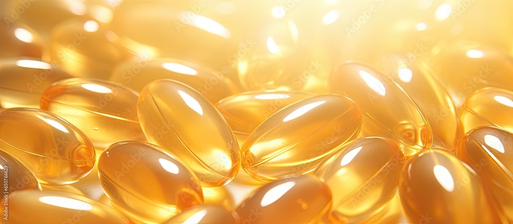 Poster stack of omega 3 capsules in pile background close up of large golden pills texture daily health sup