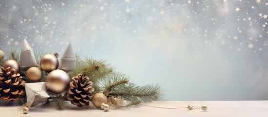 Silver balls stars cones and fir branches arranged isolated pastel background Copy space with reflection depicting New Year and Christmas decorations