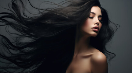 a beautiful woman blowing her long black hair on a grey background, concept of Beauty and hair care with keratin - obrazy, fototapety, plakaty