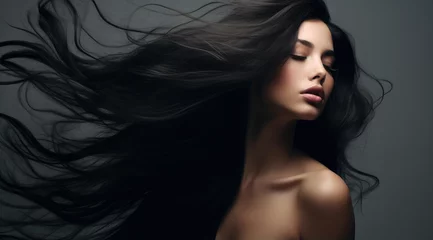 Poster Im Rahmen a beautiful woman blowing her long black hair on a grey background, concept of Beauty and hair care with keratin © Kien