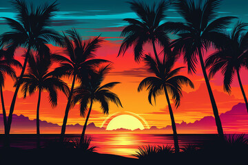 Fototapeta na wymiar Retro Neon Palm Trees Lining a Vibrant Sunset on a Tropical Beach, Neon