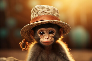 cute monkey wearing a hat - obrazy, fototapety, plakaty