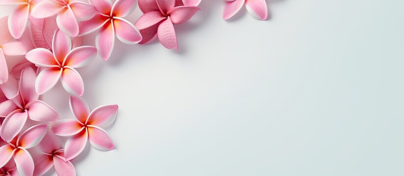 Fototapeta Pink Frangipani scattered isolated pastel background Copy space