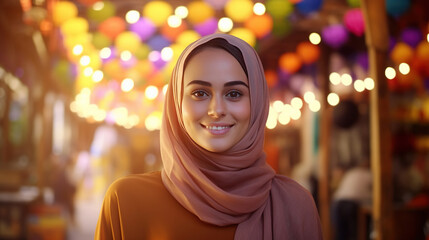 Obraz premium Pretty, beautiful, very attractive Muslim Asian young woman with hijab looking at the camera posing at an Arab city market.