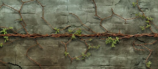 Weathered barbed wire on brick surfaces grass and textured bricks isolated pastel background Copy...