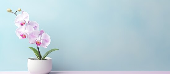 Blooming phalaenopsis orchid in black pot isolated on a isolated pastel background Copy space - obrazy, fototapety, plakaty