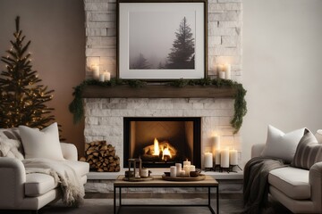Modern Farmhouse living room with white stone, brick fireplace,  Winter Holiday, Greenery, White minimal modern, cozy vibe, frame mock up.   - obrazy, fototapety, plakaty