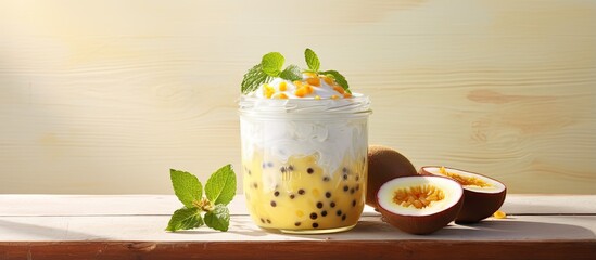 Yogurt parfait featuring passion fruit served in a glass bottle on a isolated pastel background...