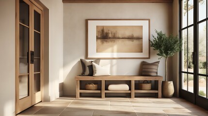 Farm House Style Entry Way Bench Seat. Wood frame photo, artwork, mock-up, cozy couch, warm colors, Soft Shadows