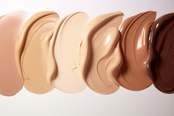 A close-up of beauty swatches with a smooth and flowing liquid makeup texture. Elegant and creamy beige cream foundationcollection, offering a choice of shades.