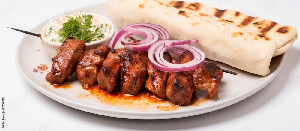 Poster grilled pork skewers with sauce in a closeup at a restaurant skewers with onions and pita bread on a