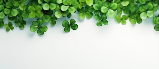 Top view of clover leaves arranged on a isolated pastel background Copy space symbolizing St Patricks day