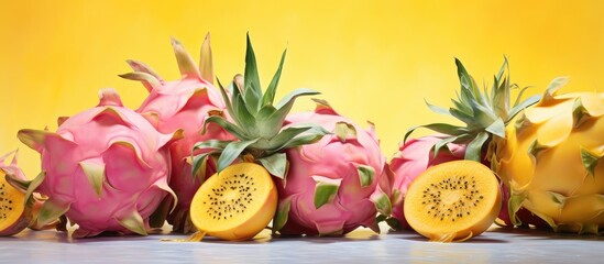 Sweet cactus fruits that are yellow similar to dragon fruit isolated pastel background Copy space - obrazy, fototapety, plakaty
