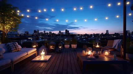 Obraz premium Roof terrace of a beautiful house with night-time view of the city, View over cozy outdoor terrace with outdoor string lights and lanterns.