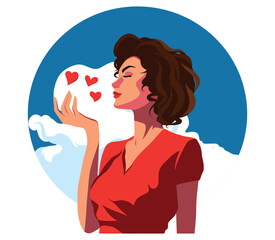  Vector avatar icon vintage. A woman blows a kiss. Woman outdoors clouds sky 70s 80s retro banner. Protection of women's rights and freedoms. Women's Day. Valentine's Day