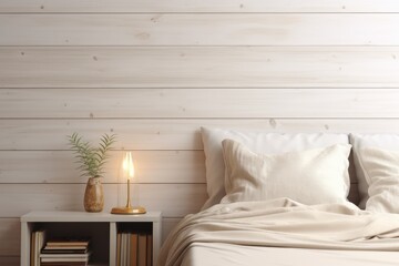 Light Rustic Country Bedroom Interior with Styled Side Table with Books, and Simple Vase with Wood Paneling Backboard.  Copyspace