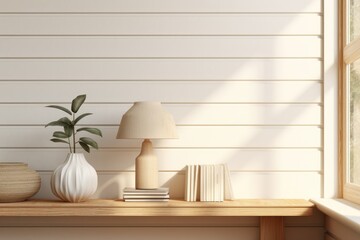 Sustainable Light Minimal Modern Styled Shelf with Books, Home Decorations, and Beige Table Lamp, White Shiplap Accent Wall