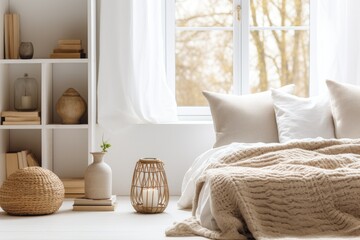 Minimal Modern Light Bedroom Interior with Rattan Storage, Styled Shelf with Objects and Books, and Cozy Blanket in Fall