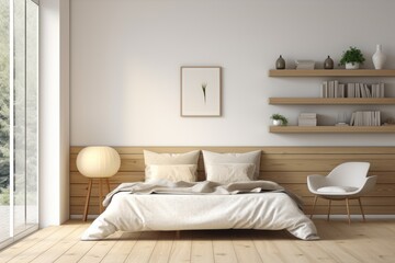 Fototapeta na wymiar Apartment Bedroom Interior with Wood Accents and Hardwood Flooring, Thick Floating Shelves with Minimal Décor and Books, Paper Floor Lamp Against Wall