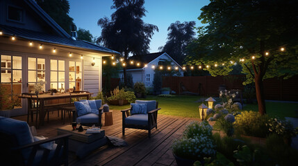 Summer evening on the patio of beautiful suburban house with lights in the garden.