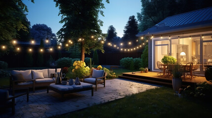 Summer evening on the patio of beautiful suburban house with lights in the garden. - obrazy, fototapety, plakaty