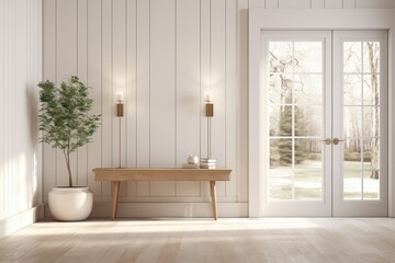 Minimal Farmhouse Modern Entryway Interior with Light Sconces, Wood Console Table, White Farmhouse Doors to Backyard