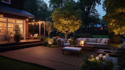 Summer evening on the patio of beautiful suburban house with lights in the garden. - obrazy, fototapety, plakaty
