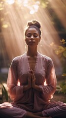 Young black woman meditating outdoors. Concept of inner peace, living a healthy lifestyle, and self care. - obrazy, fototapety, plakaty