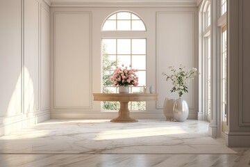 Hotel Foyer Entryway Lobby with Floral Arrangement on Round Table, Arch Windows with High Ceilings, Marble Stone Flooring