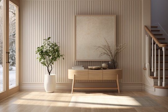 Professionally Styled Foyer Interior in Winter with Cream Aesthetic, Minimal Wall Art, Indoor Tree with Sunlight Pouring In