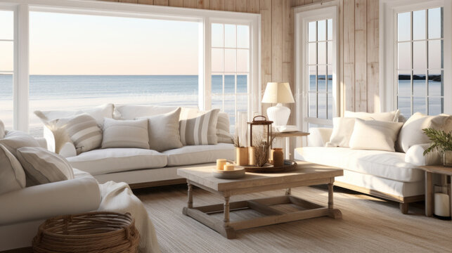 Coastal Luxe: A blend of coastal and luxury styles with a white sofa, a glass coffee table, and touches of gold and crystal for an upscale beach house feel