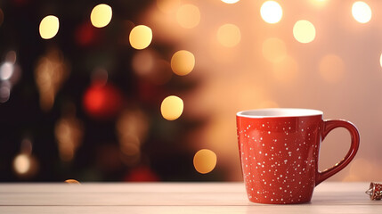 Wooden desk space red mug and xmas tree, Table with red cup of hot drink with blurred Christmas tree bokeh on background, Christmas holiday background.