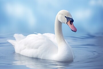 Beautiful white swan swimming on water in river or lake, summer day
