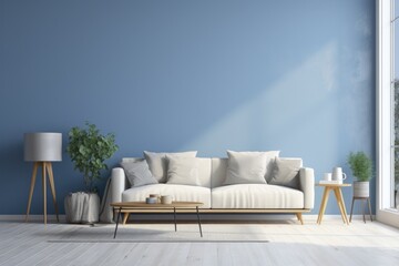 Minimal Blue Living Room Mockup Interior with Empty Wall and Floor Lamp Next to Indoor Tree. Grey Flooring and Sunlight Entering Window