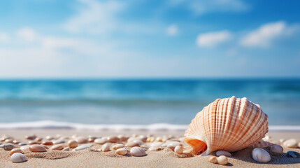 Sea shells on the beach and sunny weather and a blue sky. White and soft beach sand.