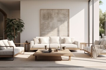 Earth Neutral Modern Living Room Interior with Textured Wall Art and White Linen Sofa and Loveseat with Sustainable Coffee Table